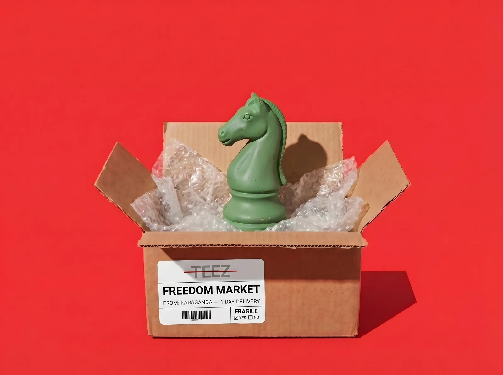 A green chess knight in a shipping box with bubble wrap on a red background; the label has TEEZ crossed out and reads FREEDOM MARKET, from Karaganda, one-day delivery
