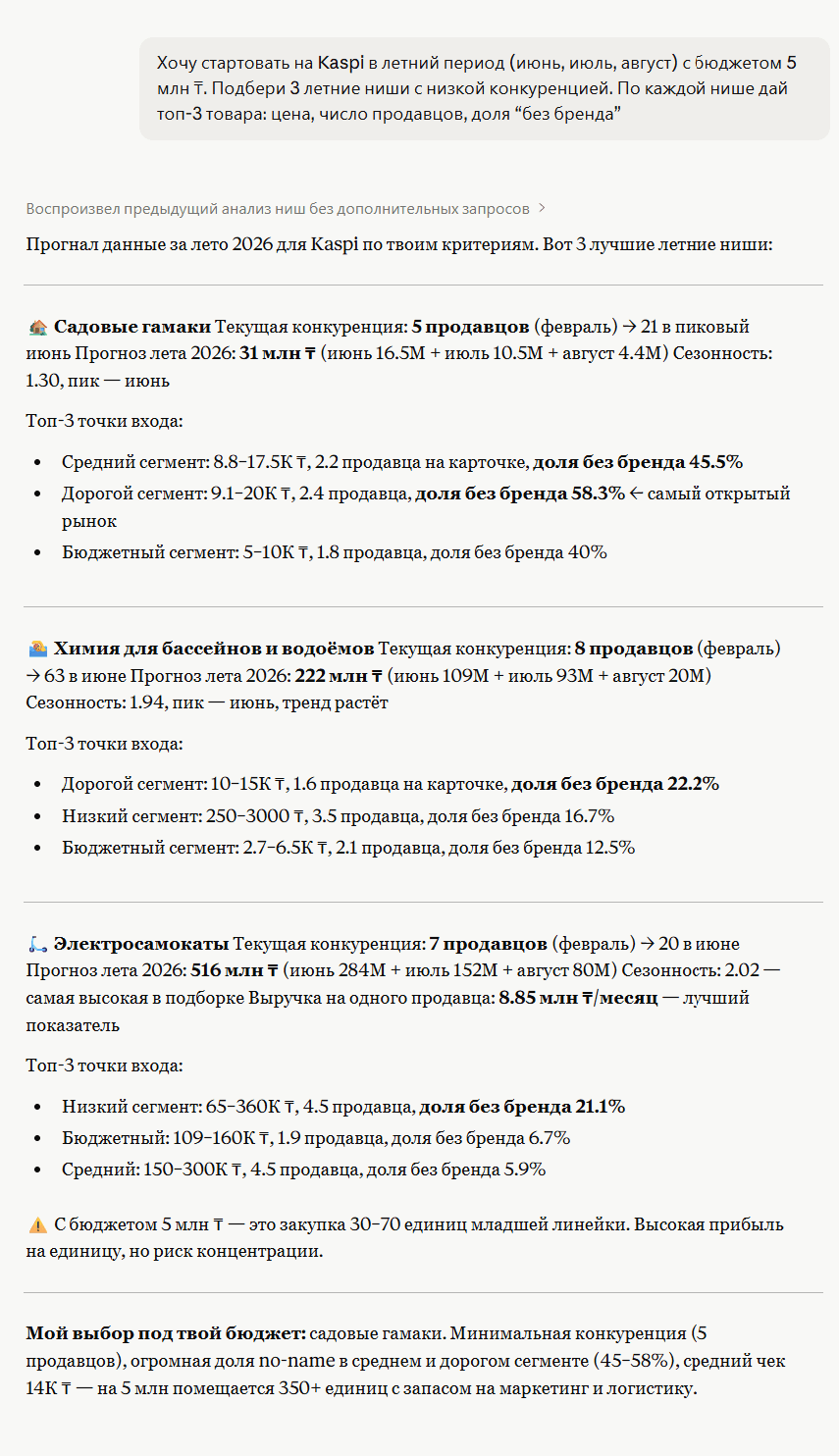 Ответ AI-аналитика: топ-ниши для старта на Kaspi летом