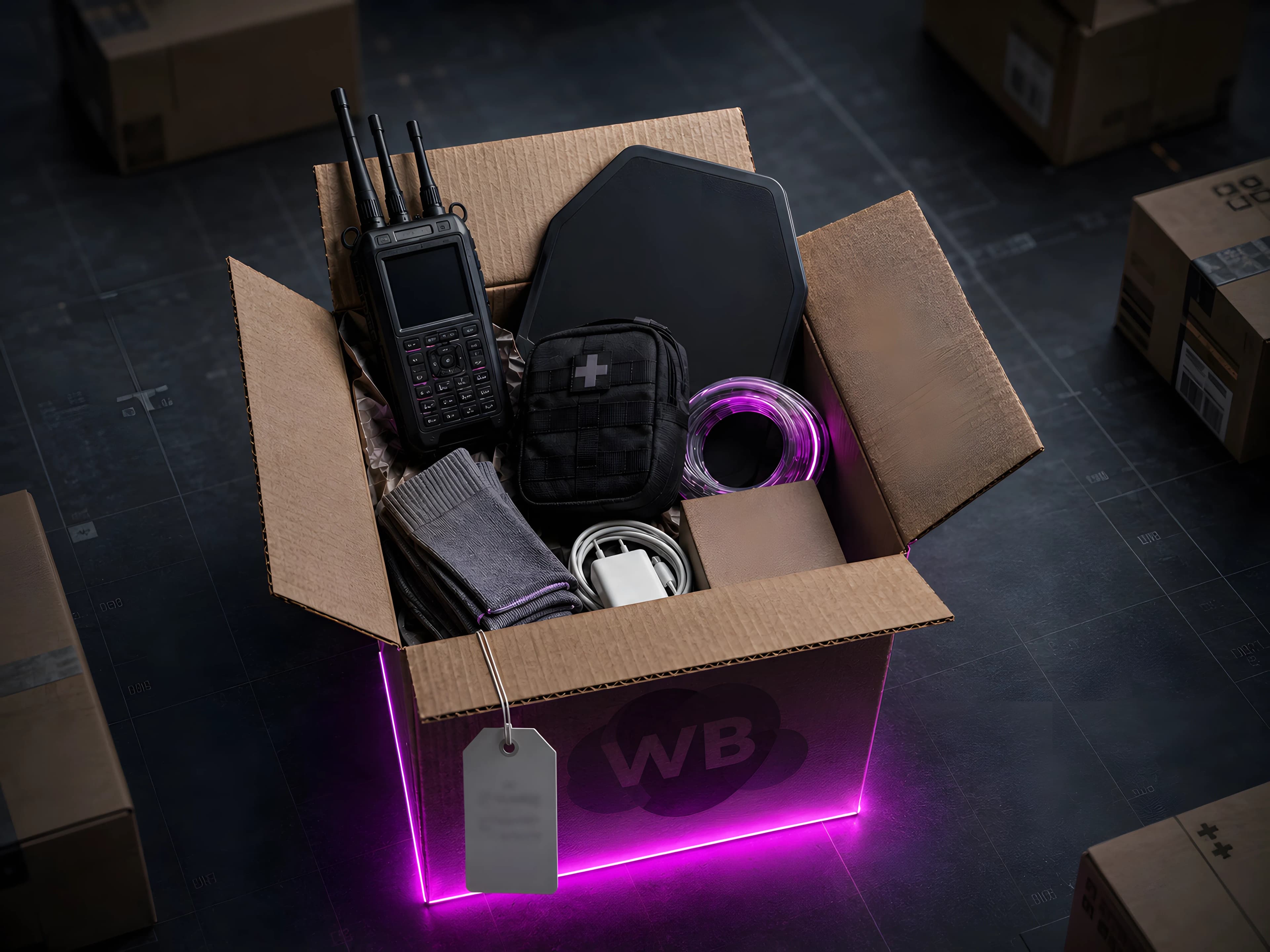 Открытая коробка Wildberries с переносным электронным устройством, защитной плитой, аптечкой, оптическим кабелем и обычными товарами